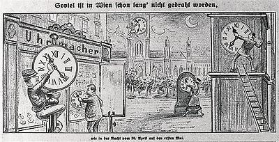 Eine spöttische Karikatur zur Umstellung auf die Sommerzeit in der Zeitschrift 'Kikeriki', 1916
