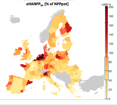 Abbildung: Verhältnis des Umweltdrucks durch die benötigte Futtermenge des Nutztiersektors (eHANPPlst) mit der potentiellen Kapazität lokaler Ökosysteme (NPPpot)