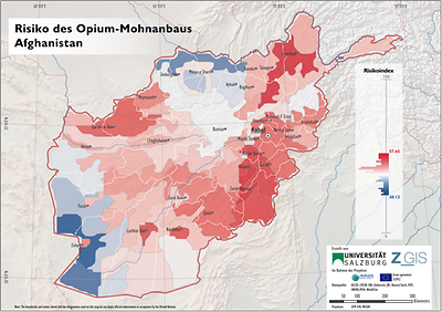 Risikokarte des Opium-Mohnanbaus in Afghanistan.