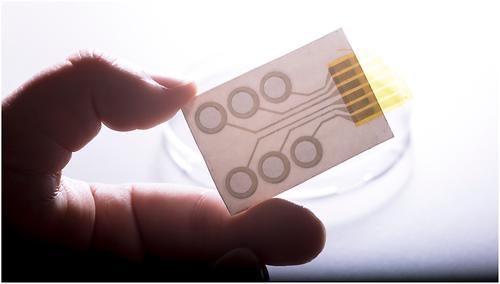 Leitfähige Polymere gedruckt auf handelsübliches Abziehbild-Papier ergeben die Tattoo-Elektroden