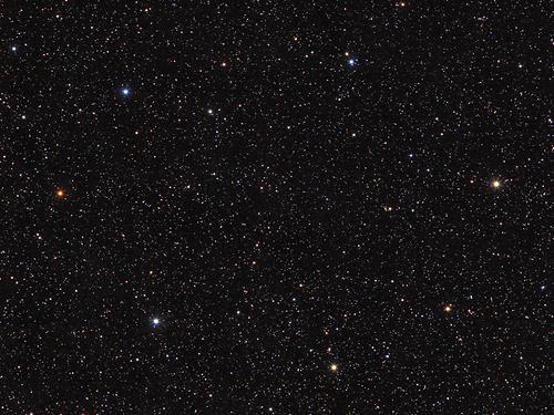 Der tiefrot leuchtende Stern links im Bild ist der schon für das freie Auge sichtbare Stern TX Piscium. Sein 'Heimatsternbild Fische' kann man von November bis Jänner am Abend Richtung Süden beobachten.