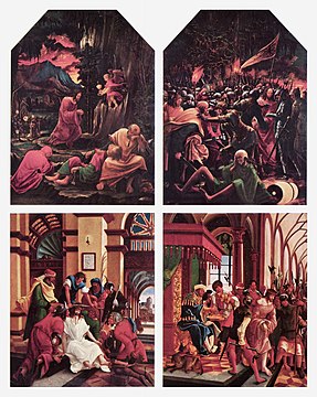 Linker Innenflügel, Szenen oben: Christus am Ölberg, Gefangennahme Christi, Szenen unten: Dornenkrönung, Handwaschung des Pilatus