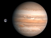 Größenvergleich zwischen Erde (links) und Jupiter