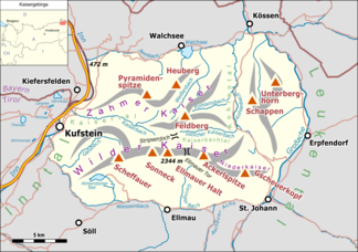 Lage des Kaisergebirges (gelb hervorgehoben) innerhalb der Ostalpen