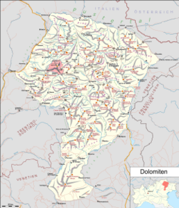 Langkofelgruppe in Rot auf der Karte der Dolomiten