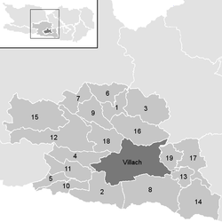 Lage der Gemeinde Bezirk Villach-Land im Bezirk Villach-Land (anklickbare Karte)