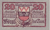 20-Heller-Schein mit Wörgler Wappen und einem geflügelten Eisenbahnrad, das den Aufstieg Wörgls als Eisenbahnknotenpunkt symbolisiert