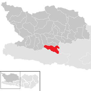 Lage der Gemeinde Weißensee (Kärnten) im Bezirk Spittal an der Drau (anklickbare Karte)
