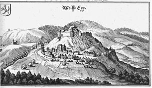 Schloss und Markt Wolfsegg in der Topographia Provinciarum Austriacarum von Matthäus Merian (1656)
