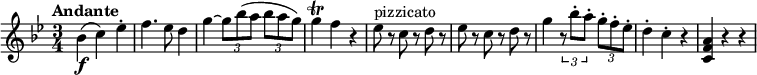 
\relative c' { 
   \version "2.18.2"
   \clef "treble" 
   \tempo "Andante" 
   \key bes  \major
   \time 3/4
     bes'4 \f (c) ees -.
     f4. ees8 d4
     g4~ \tuplet 3/2 {g8 bes (a} \tuplet 3/2 {bes a g)} 
     g4 \trill f r4
     ees8^\markup { pizzicato } r8 c r8 d r8 
     ees r8 c r8 d r8
     g4 \tuplet 3/2 {r8 bes-. a-.} \tuplet 3/2 {g-. f-. ees-.} 
     d4-. c-. r4
     <c, f a> r4 r4
}
