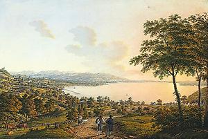 Der Bodensee mit der Stadt Bregenz. Aquarell von K. L. F. Viehbeck
