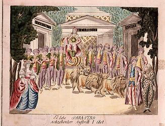 Bühnenbild Première 'Zauberflöte' am Freyhaustheater auf der Wieden; Sarastro wird von 5 lebendigen Löwen hereingezogen! Ein Glanzstücke in der Inszenierung von Schikaneder.