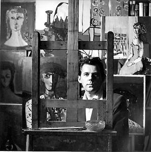 Hans Robert Pippal mit Staffelei in seinem Atelier, 1954, Foto: Erika Pezdika. Aus: Wikicommons 