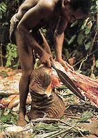 Pygmäe aus Kamerun beim Zerschneiden eines Elefantenfußes