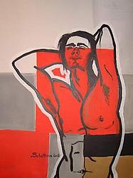 aus der Serie 'Das rote Sofa'. Titel 'Ladykiller'. Acryl auf Leinen, 2002. 90x70 cm, © Martina Schettina (VBK)