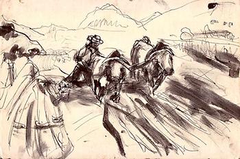 Ochsengespann. Skizze des oststeirischen Künstlers Albin Schrey. Nicht datiert, ähnlich einigen Blättern aus den 1950ern. (Archiv Martin Krusche)