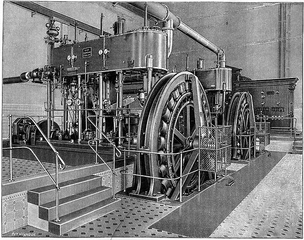 Dampfmaschinenbetriebener Zweiphasenstrom-Generator mit Ringanker für das Elektrizitätswerk Budapest, 1895, Public Domain