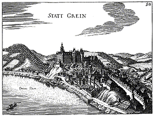 Grein und Schloss Greinburg um 1674, Stich von G.M.Vischer