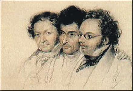 Die drei Freunde J.B. Jenger, Anselm Hüttenbrenner, Franz Schubert, Lithographie von J.E. Teltscher