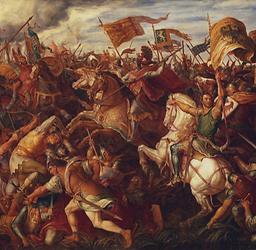 Ausschnitt aus einem romantisierenden Gemälde der Schlacht bei Dürnkrut, in der die Steirer mit König Rudolf von Habsburg gegen König Ottokar kämpfen