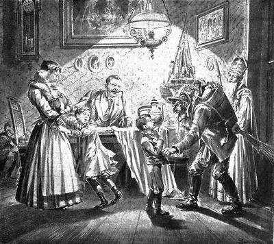 Besuch von Nikolaus und Krampus in der Stube, Zeitungsillustration aus dem Jahr 1896
