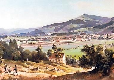 Das Gemälde von Jakob Wibmerzeigt Deutschlandsberg mit Eisenbahn um 1875