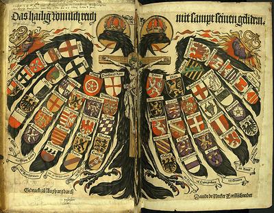 Wappen der Länder und Städte im Doppeladler des Heiligen Römischen Reiches (Farbholzschnitt von 1510)