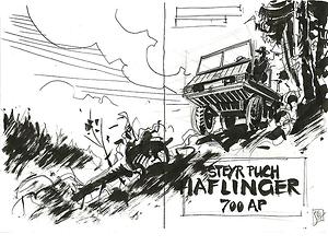 Eine erste Skizze von Comic-Zeichner Chris Scheuer als Cover-Entwurf für die Kulturgeschichte des Steyr-Puch-Haflinger. (Archiv Martin Krusche)