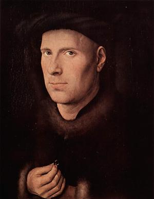 Jan van Eycks Portrait des Goldschmieds Jande Leeuw, der einen Ring in der Hand hält.