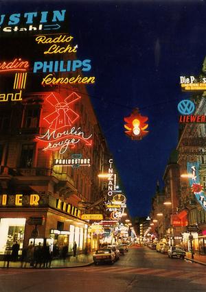 Kärntner Straße bei Nacht. Ansichtskarte, 1970