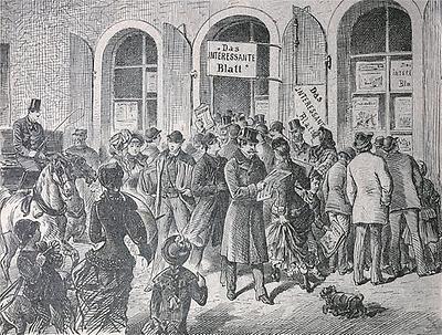 ier sieht man die Auslieferung des 'Interessanten Blattes' im der Wiener Schulerstraße im Jahr 1884