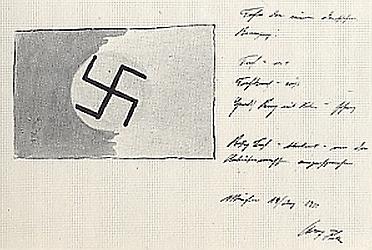 'Fahne der neuen deutschen Bewegung/Tuch - rot/Tuchkreis weiß/gerades Kreuz mit Haken schwarz Rotes Tuch - blutrot - um die Arbeitermassen anzusprechen' (Dez. 1920)