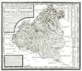 nördliche Weststeiermark und Oststeiermark als „nördlicher Theil von Untersteyermark“ bzw. Grazer Kreis
