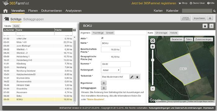 Beispiel der graphischen Oberfläche von 365Farmnet