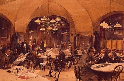 Café Griensteidl, Aquarell von R. Völkel