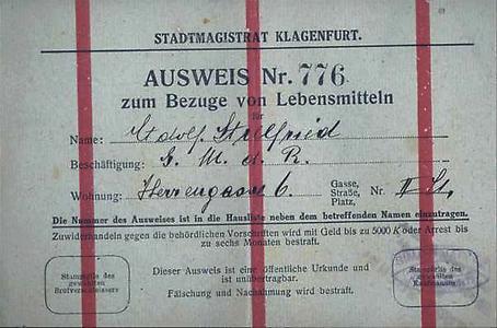Lebensmittelbezugsberechtigungskarte, 1915 aus Klagenfurt