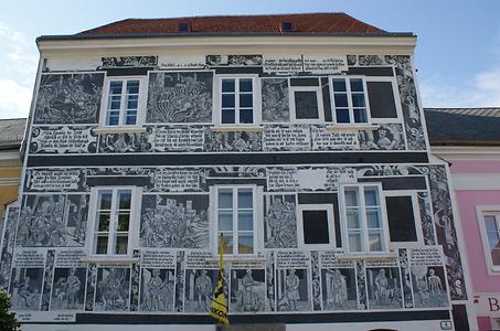 Sgraffitohaus am Hauptplatz in Weitra, NÖ., Foto: P. Diem