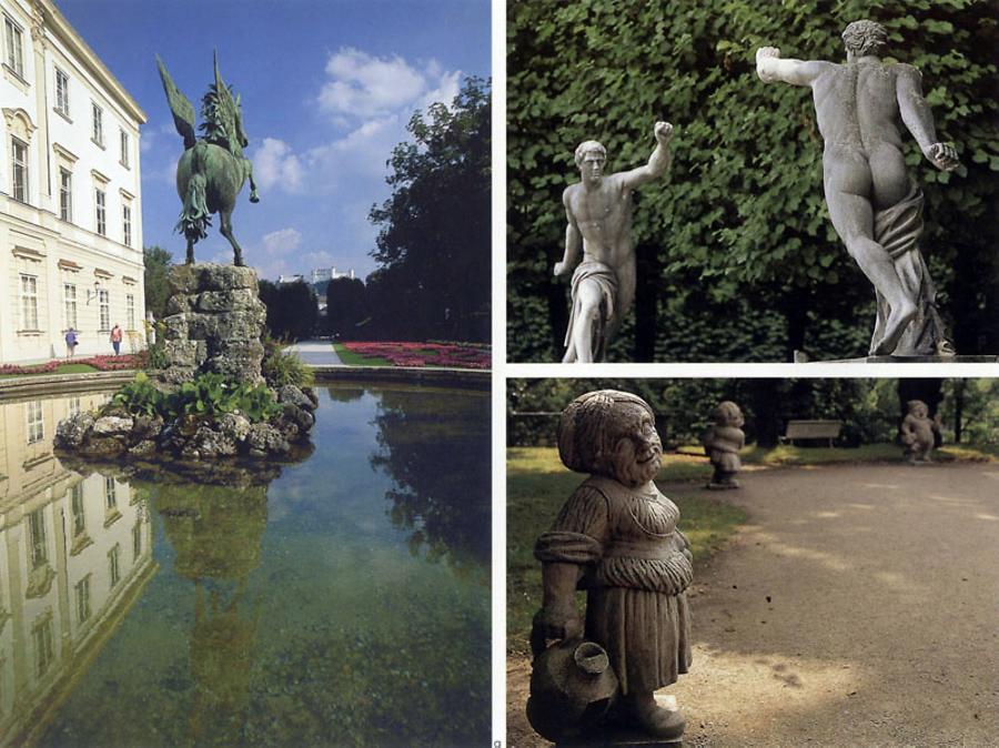 Mirabell Garten - Links: 'Pegasus' von Kaspar Gras 1661. Rechts oben: Skulpturen (Kopien) von Michael Bernhard und Andreas Götzinger. Rechts unten: Garten der Zwerge