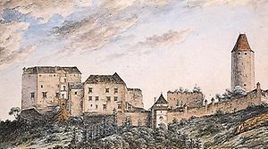 Burg Seebenstein. Aquarell von F.A.J. Freiherr v. Wetzelsberg, um 1825 (Niederösterreichisches Landesmuseum, Wien)., © Copyright Niederösterreichisches Landesmuseum, Wien, für AEIOU.