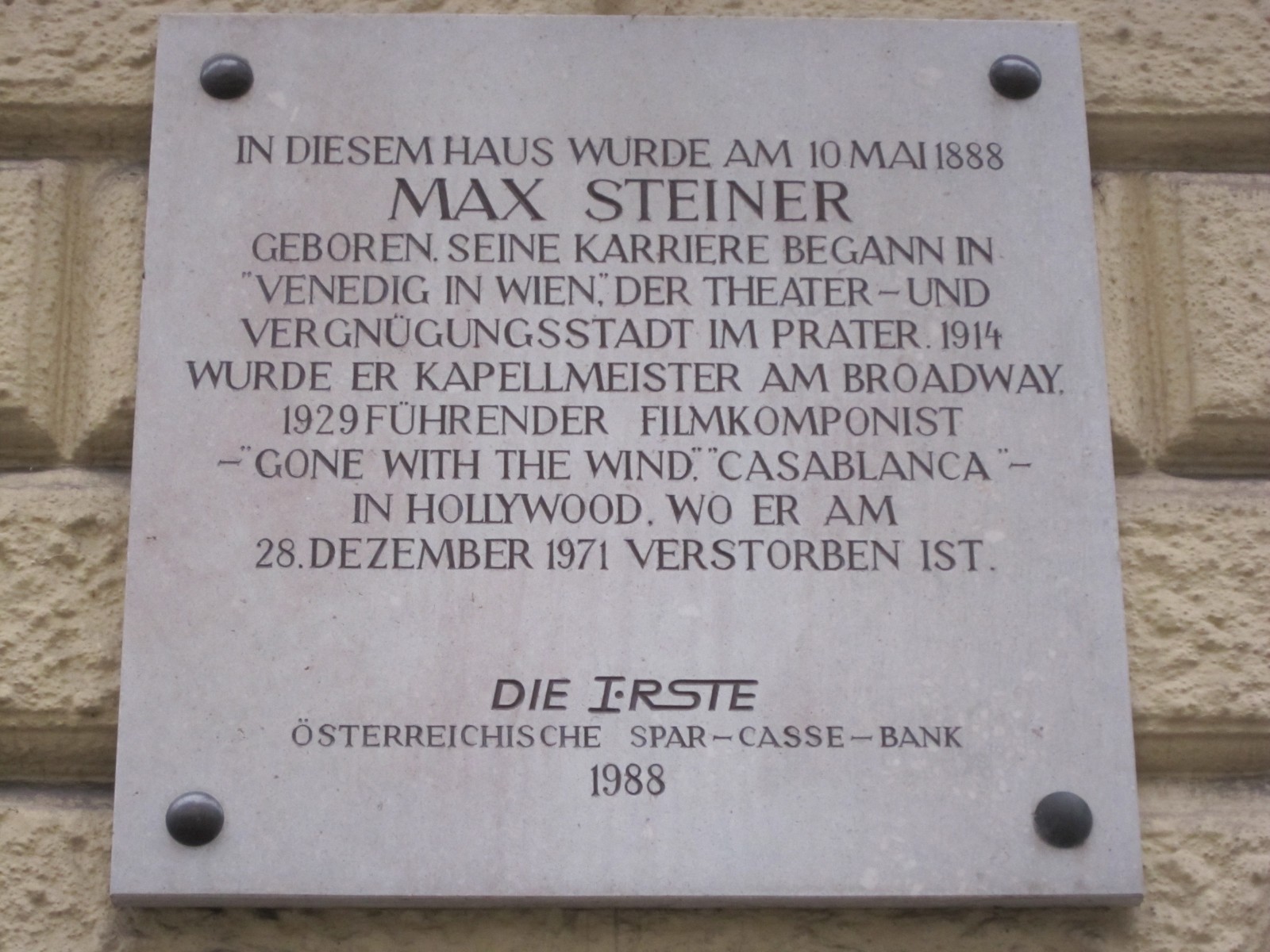 Max Steiner 2. Bezirk, Denkmäler, Gedenktafeln, Gedenkbüsten Bilder im AustriaForum
