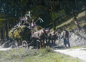 Geschmücktes Fuhrwerk mit Garben