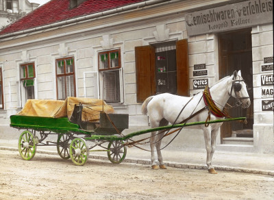 Pferdefuhrwerk vor einem Gemischtwarenhändler, © IMAGNO/Öst. Volkshochschularchiv