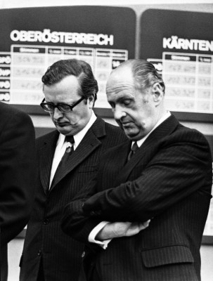 Josef Taus und Friedrich Peter am Wahlabend, © IMAGNO/Nora Schuster
