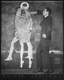 Egon Schiele vor seinem Gemälde