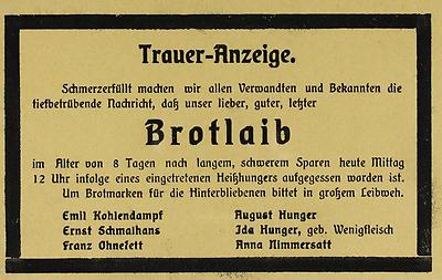 Trauer-Anzeige für einen Brotlaib, © IMAGNO/Archiv Jontes