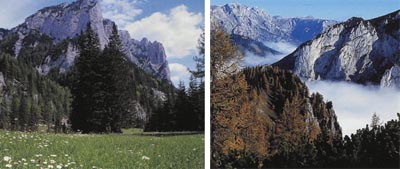 Klammboden gegen Meßnerin - Blick von der Pribitz, die Klamm im Nebel, dahinter rechts die Meßnerin.