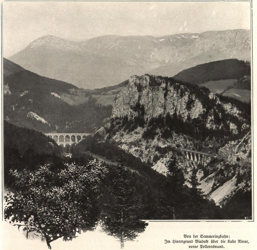 Illustration Von der Semmeringbahn: Im Hintergrund Viadukt über die Kalte Rinne vorne Polleroswand