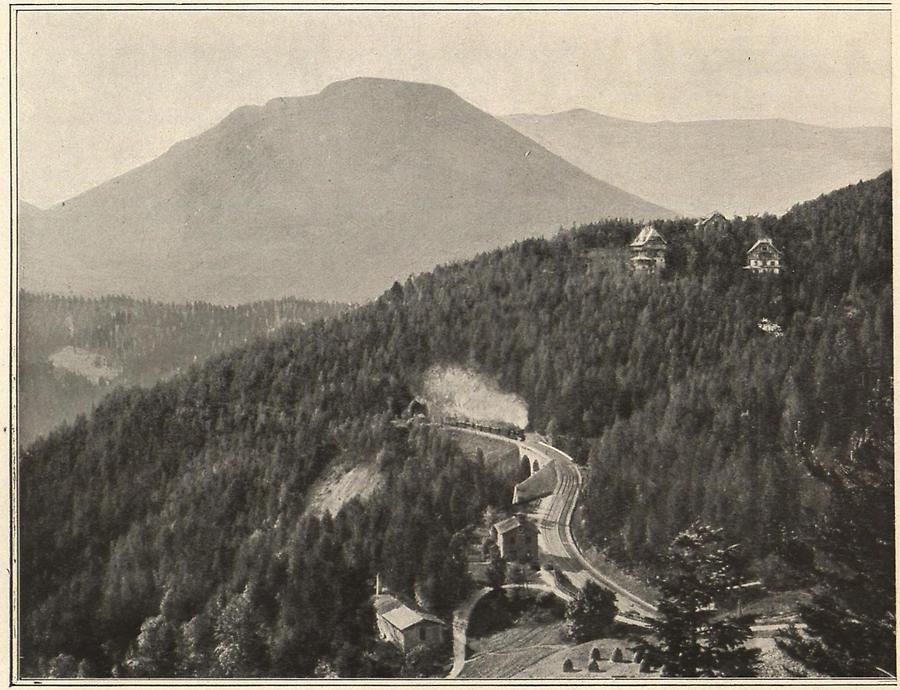 Illustration Panorama der Semmeringbahn mit den großen Hotels der Südbahn und dem Sonnwendstein im Hintergrunde