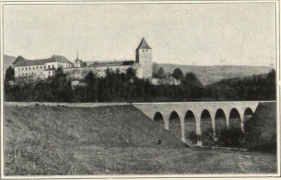 Illustration Schloß Thalberg mit Eisenbahn-Viadukt bei Dechantskirchen im östlichen Steiermark