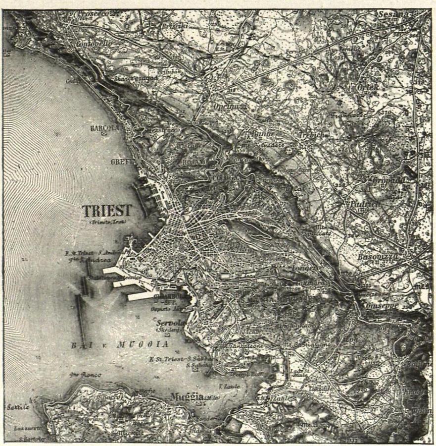 Illustration Plan des Hafens von Triest. (Nach der österreichischen Spezialkarte. Mit Erlaubnis des K. u. K. Kriegsministeriums 1:75000)